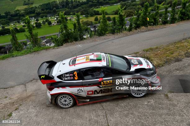 Elfyn Evans of Great Britain and Daniel Barritt of Great Britain compete in their M-Sport WRT Ford Fiesta WRC during Day One of the WRC Germany on...