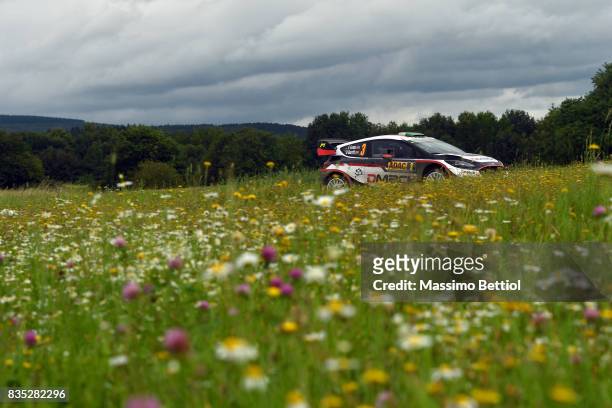 Elfyn Evans of Great Britain and Daniel Barritt of Great Britain compete in their M-Sport WRT Ford Fiesta WRC during Day One of the WRC Germany on...
