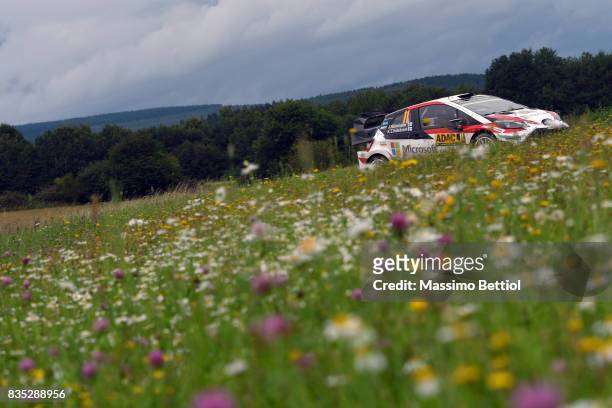 Juho Hanninen of Finland and Kaj LIndstrom of Finland compete in their Toyota Gazoo Racing WRT Toyota Yaris WRC during Day One of the WRC Germany on...