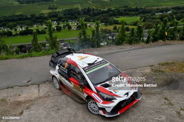 Juho Hanninen of Finland and Kaj LIndstrom of Finland compete in their Toyota Gazoo Racing WRT Toyota Yaris WRC during Day One of the WRC Germany on...