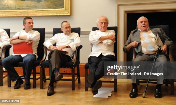 Alain Roux, Michel Roux Jnr, Michel Roux and Albert Roux during the final of the Roux Scholarship at the Mandarin Oriental Hotel in London.