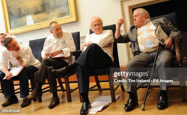 Alain Roux, Michel Roux Jnr, Michel Roux and Albert Roux during the final of the Roux Scholarship at the Mandarin Oriental Hotel in London.