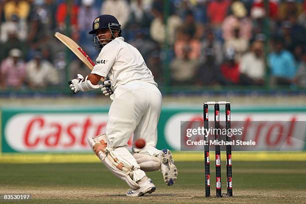 Sachin Tendulkar of India flicks the ball to fine leg off the bowling of Shane Watson during day five of the Third Test match between India and...