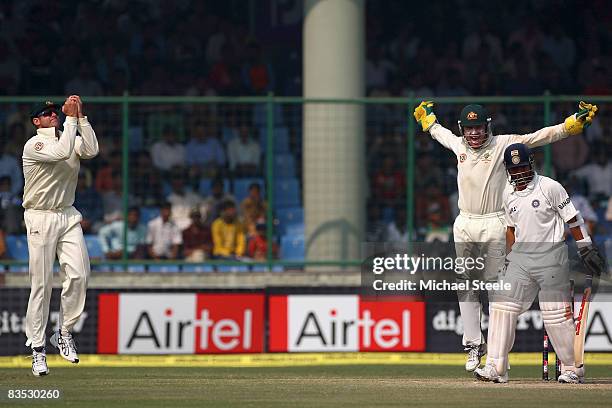 Sachin Tendulkar is dismissed caught by Matthew Hayden off the bowling of Cameron White during day five of the Third Test match between India and...