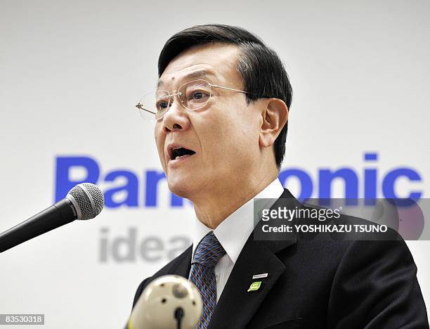 This picture taken on October 28, 2008 shows Japanese electronics giant Panasonic president Fumio Otsubo at a press conference at company's Tokyo...