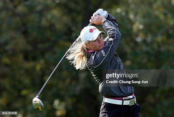 Suzann Pettersen of Norway plays her tee shot on the 2nd hole during round three of the Hana Bank KOLON Championship at Sky72 Golf Club on November...