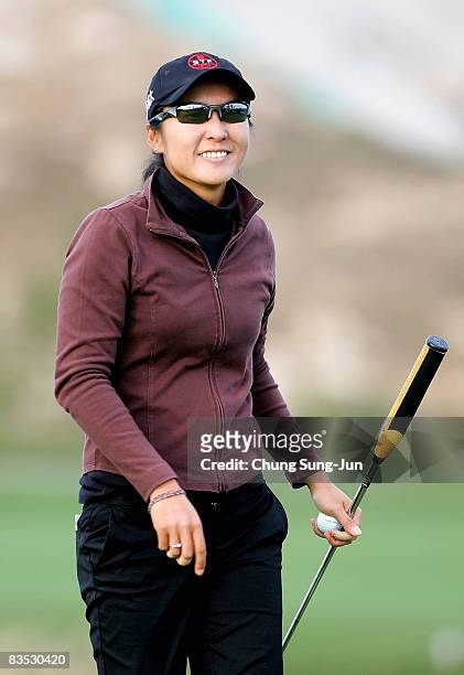 Candie Kung of Chinese Taipei reacts after her putt on the 18th hole during round three of the Hana Bank KOLON Championship at Sky72 Golf Club on...