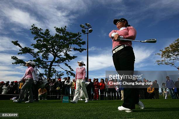 Karen Stupples of England plays her tee shot on the 8th hole during round two of the Hana Bank KOLON Championship at Sky72 Golf Club on November 2,...