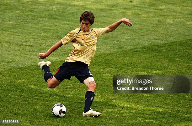 Joel Witherdin of the Jets passes the ball during the round six National Youth League match between the Newcastle Jets and the Queensland Roar at...