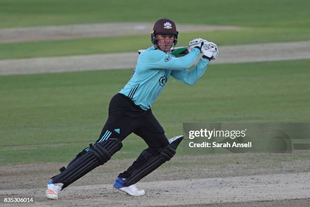 Jason Roy of Surrey hits out during the NatWest T20 Blast South Group match between Kent Spitfires and Surrey at The Spitfire Ground on August 18,...