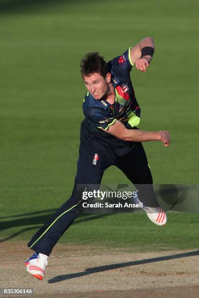 Adam Milne of Kent Spitfires bowls during the NatWest T20 Blast South Group match between Kent Spitfires and Surrey at The Spitfire Ground on August...