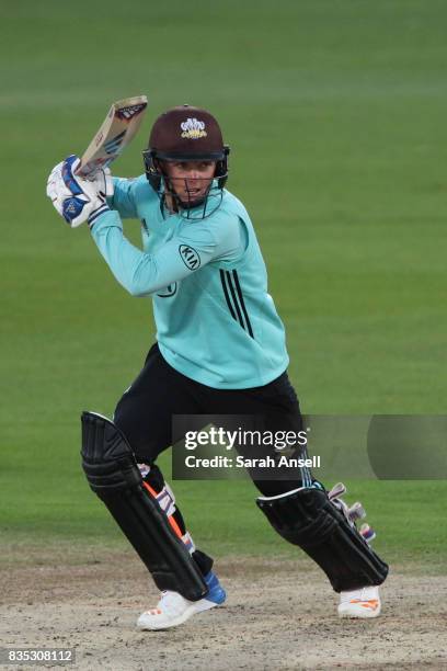 Sam Curran of Surrey hits out during the NatWest T20 Blast South Group match between Kent Spitfires and Surrey at The Spitfire Ground on August 18,...