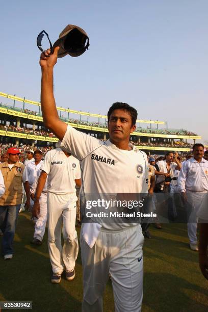 Indian captain Anil Kumble waves to the crowd on a lap of honour after announcing his retirement from Test cricket during day five of the Third Test...