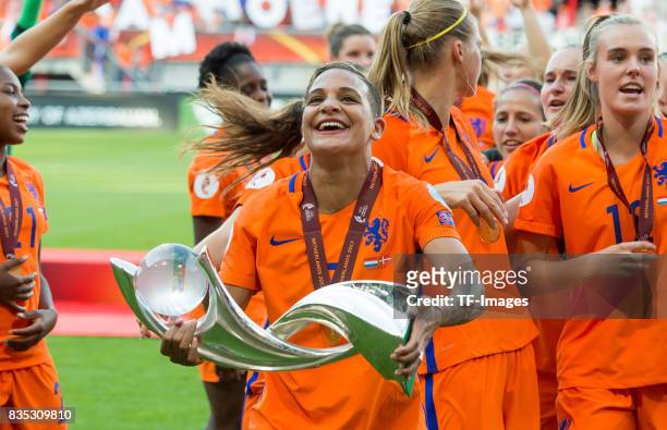 Shanice van de Sanden of the Netherlands celebrate with the trophy after the UEFA Women's Euro 2017 final match between Denmark and Netherlands at De...