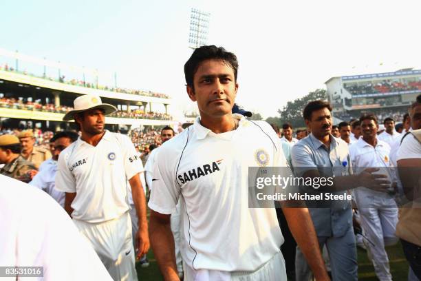 Indian captain Anil Kumble on a lap of honour after announcing his retirement from Test cricket during day five of the Third Test match between India...