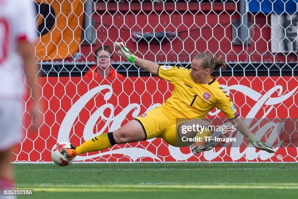 Goalkeeper Stina Lykke Petersen of Denmark in action during the UEFA Women's Euro 2017 final match between Denmark and Netherlands at De Grolsch...