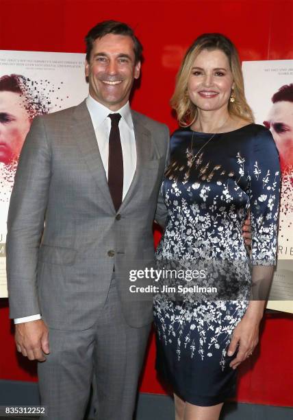 Actors Jon Hamm and Geena Davis attends the "Marjorie Prime" New York premiere at Quad Cinema on August 18, 2017 in New York City.