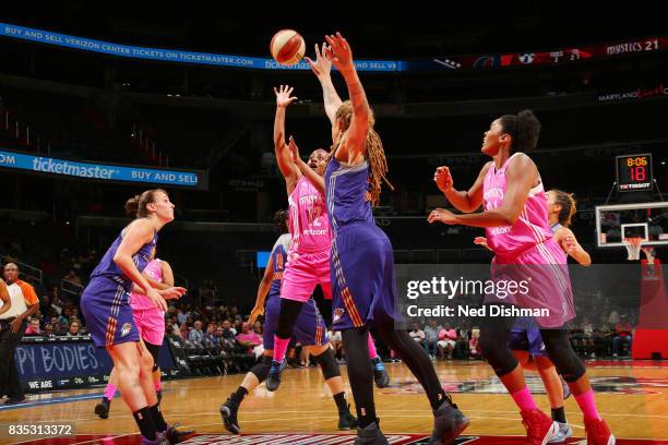 Ivory Latta of the Washington Mystics shoots the ball against the Phoenix Mercury on August 18, 2017 at the Verizon Center in Washington, DC. NOTE TO...