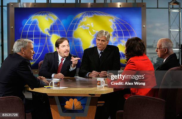 Political director Chuck Todd speaks as moderator Tom Brokaw, NBC News Chief White House Correspondent David Gregory, host of NPR's "All Things...