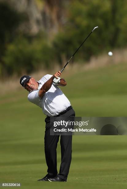 Angel Cabrera of Argentina hits an approach shot on the 1st hole during day three of the 2017 Fiji International at Natadola Bay Championship Golf...