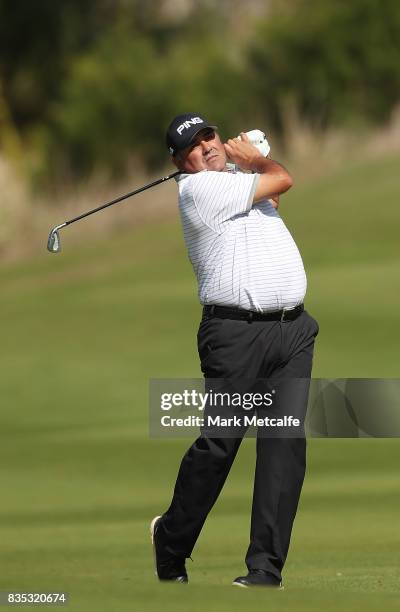 Angel Cabrera of Argentina hits an approach shot on the 1st hole during day three of the 2017 Fiji International at Natadola Bay Championship Golf...