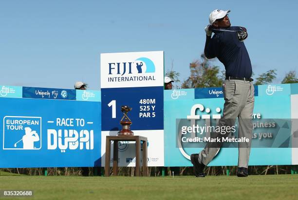 Vijay Singh of Fiji hits his tee shot on the 1st hole during day three of the 2017 Fiji International at Natadola Bay Championship Golf Course on...