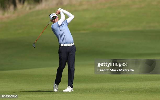 Stephen Leaney of Australia hits an approach shot on the 1st hole during day three of the 2017 Fiji International at Natadola Bay Championship Golf...