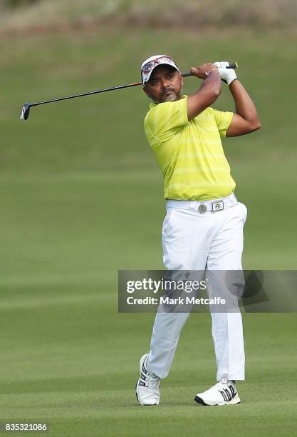 Rahil Gangjee of India hits an approach shot on the 1st hole during day three of the 2017 Fiji International at Natadola Bay Championship Golf Course...