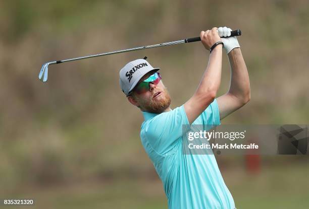 Scott Vincent of Australia hits an approach shot on the 1st hole during day three of the 2017 Fiji International at Natadola Bay Championship Golf...