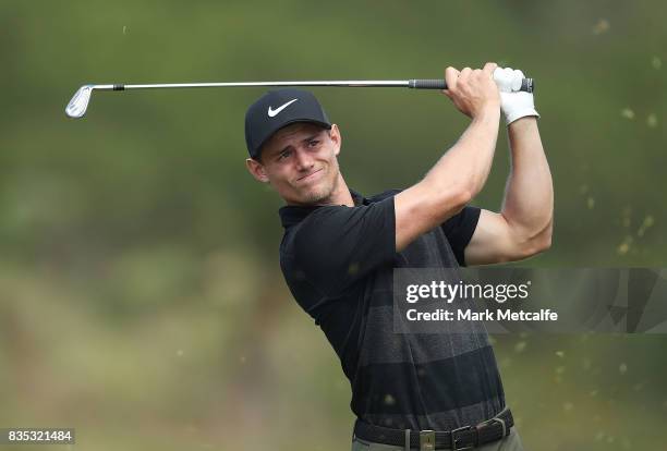 James Marchesani of Australia hits an approach shot on the 1st hole during day three of the 2017 Fiji International at Natadola Bay Championship Golf...