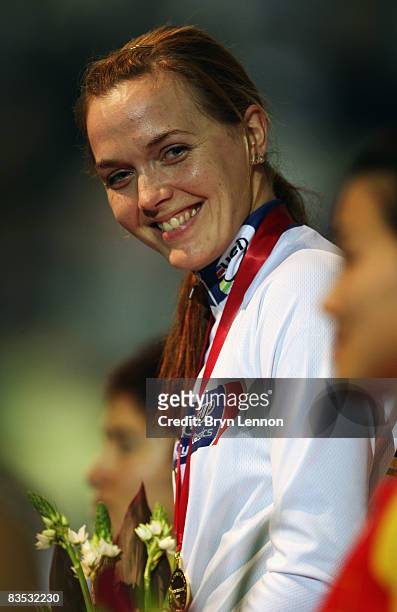 Victoria Pendleton of SKY+HD and Great Britain stands on the podium after winning the women's keirin during day three of the UCI Cycling World Cup on...