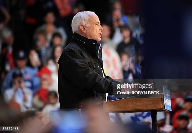 Republican presidential candidate John McCain speaks at a campaign rally at Strath Haven High School in Wallingford, Pennsylvania, on November 2,...