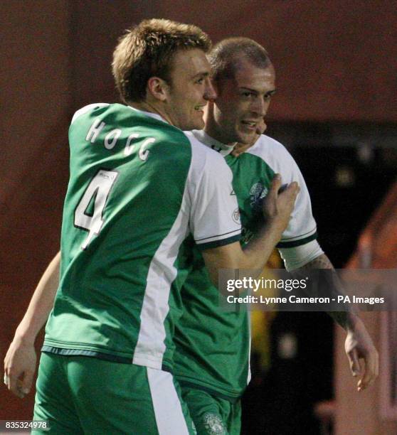 Hibernian's Steven Fletcher celebrates with teammate Chris Hogg after scoring his sides first and equalising goal during the Clydesdale Bank Scottish...