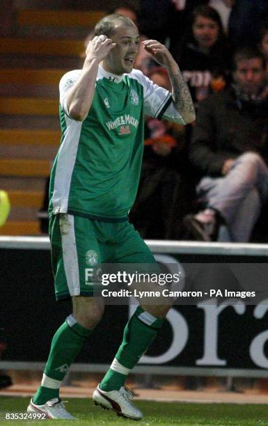 Hibernian's Steven Fletcher celebrates scoring his sides first and equalising goal during the Clydesdale Bank Scottish Premier League match at St...