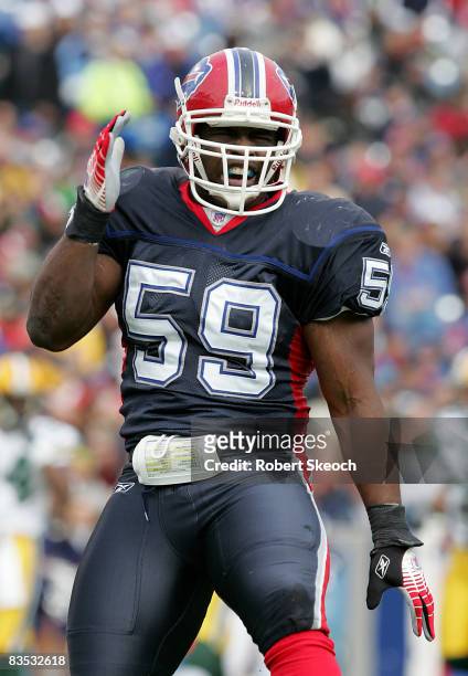 Buffalo Bills linebacker London Fletcher-Baker celebrates a tackle during the game against the Green Bay Packers at Ralph Wilson Stadium in Orchard...