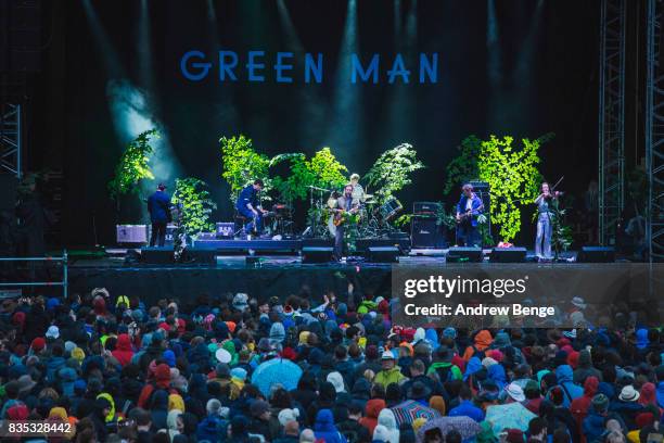 Martin Noble, Scott Wilkinson and Neil Hamilton Wilkinson of British Sea Power performs on the Mountain stage during day 2 at Green Man Festival at...