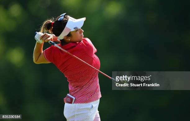 Gerina Piller of Team USA plays a shot during the afternoon fourball matches of The Solheim Cup at Des Moines Golf and Country Club on August 18,...