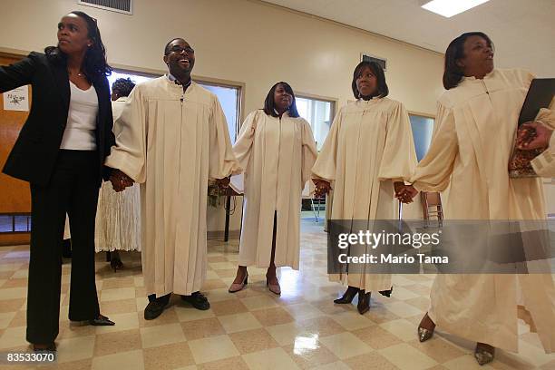 Choir members wait for Sunday services to begin the historic Sixteenth Street Baptist Church on November 2, 2008 in Birmingham, Alabama. Four young...