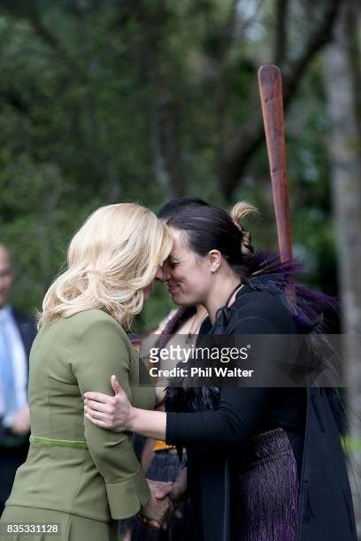 Croatian President Kolinda Grabar-Kitarovicon shares a traditional maori greeting of a hongi at Government House August 19, 2017 in Auckland, New...