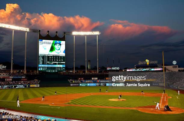 General view as Whit Merrifield of the Kansas City Royals connects during the 3rd inning of the game between the Cleveland Indians and the Kansas...