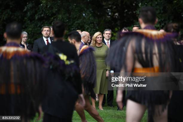 Croatian President Kolinda Grabar-Kitarovicon is welcomed to Government House with a traditional maori powhiri on August 19, 2017 in Auckland, New...