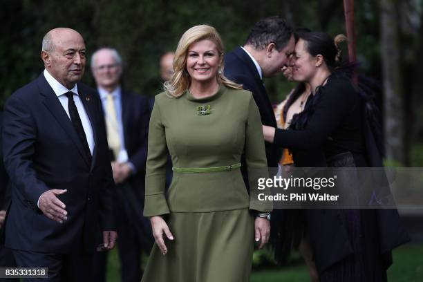 Croatian President Kolinda Grabar-Kitarovicon inspects a guard of honour at Government House August 19, 2017 in Auckland, New Zealand. President...