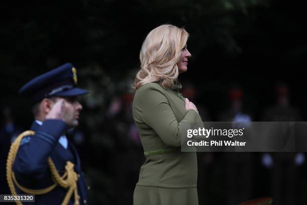 Croatian President Kolinda Grabar-Kitarovicon inspects a guard of honour at Government House August 19, 2017 in Auckland, New Zealand. President...