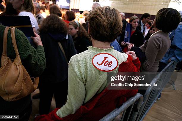 Woman wears a "Joe" sticker on her back during a campaign rally with Republican presidential nominee Sen. John McCain at The Long John Center on the...