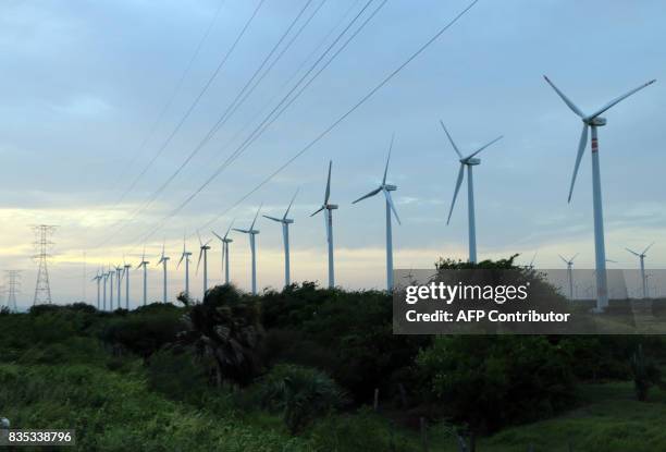 View of a windmill farm in La Ventosa, Juchitan community, Oaxaca State, Mexico on July 27, 2017. Until foreign wind energy companies arrived, strong...