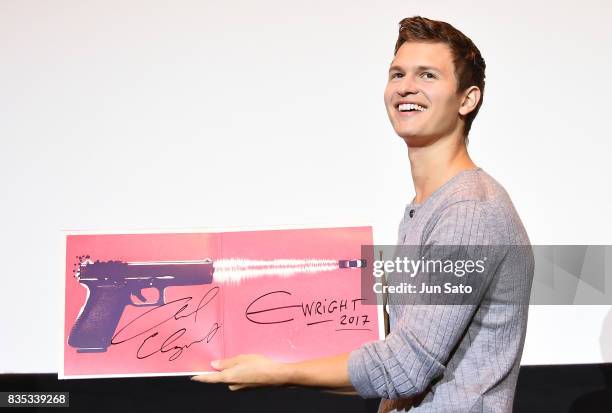 Ansel Elgort attends the 'Baby Driver' Stage Greeting at Shinjuku Wald9 on August 19, 2017 in Tokyo, Japan.