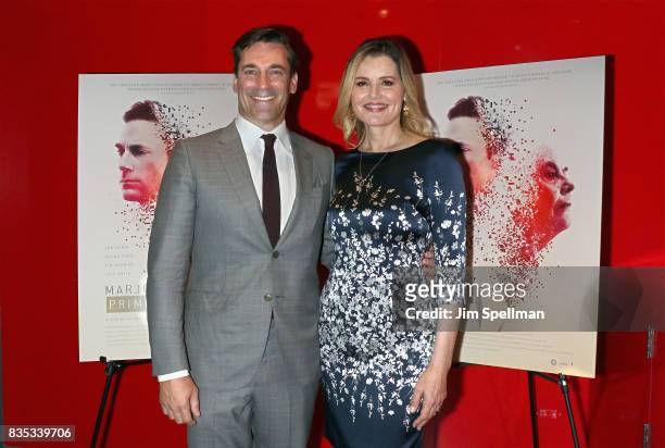 Actors Jon Hamm and Geena Davis attend the "Marjorie Prime" New York premiere at Quad Cinema on August 18, 2017 in New York City.