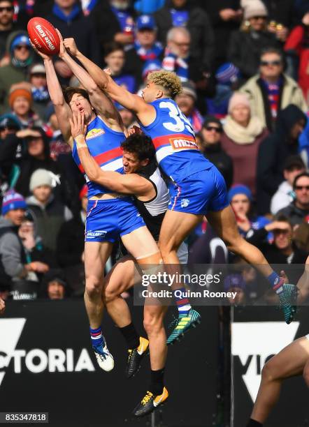 Liam Picken of the Bulldogs marks during the round 22 AFL match between the Western Bulldogs and the Port Adelaide Power at Mars Stadium on August...