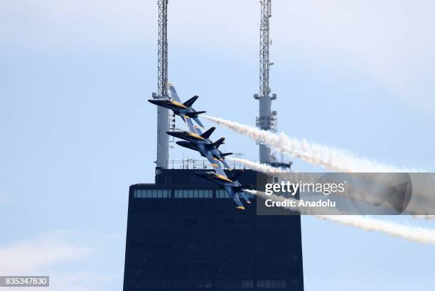 Aircrafts perform during a real-time rehearsal for the 59th Chicago Air and Water Show over North Avenue Beach in Chicago, United States on August...