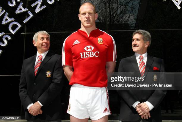 Lions tour coach Ian McGeechan and tour manager Gerald Davies with Lions captain Paul O'Connell during the Lions squad announcement at the Sofitel...
